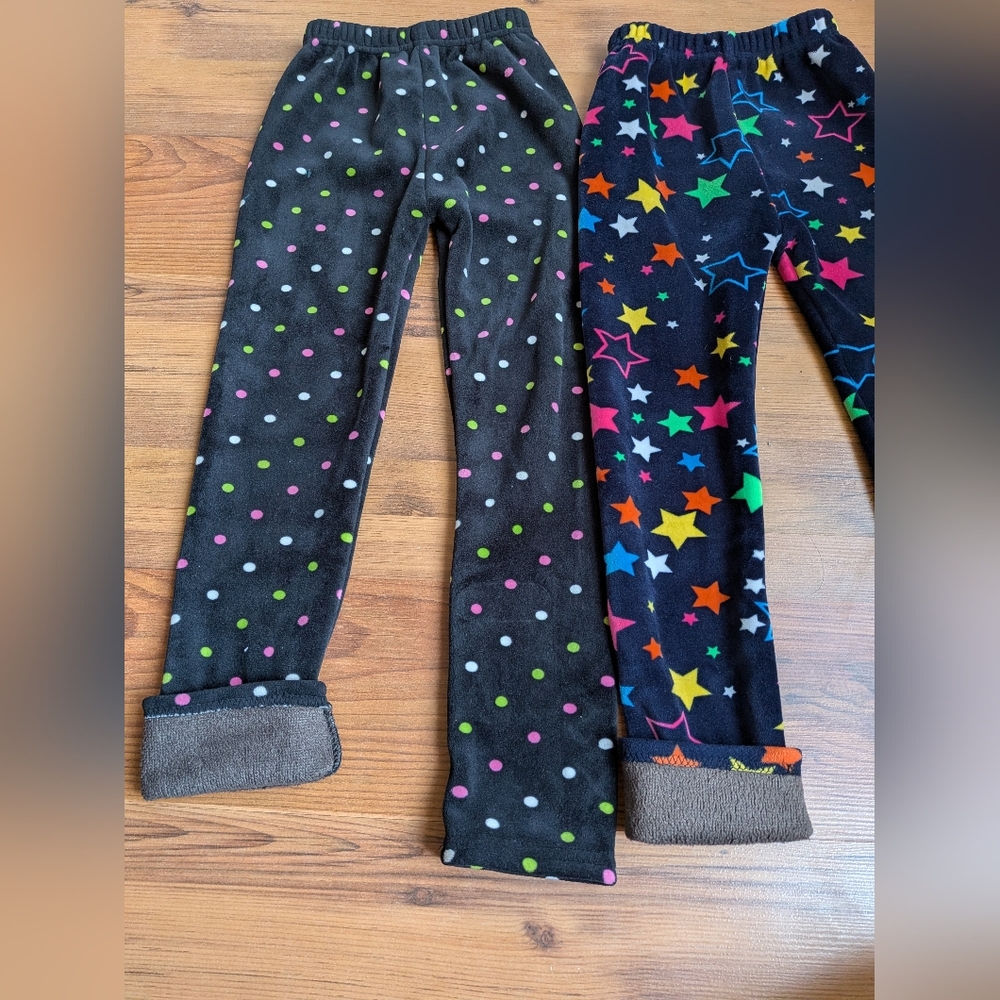 NWOT 2 Pack Girls Black Polka Dot & Star Print Fleece Leggings